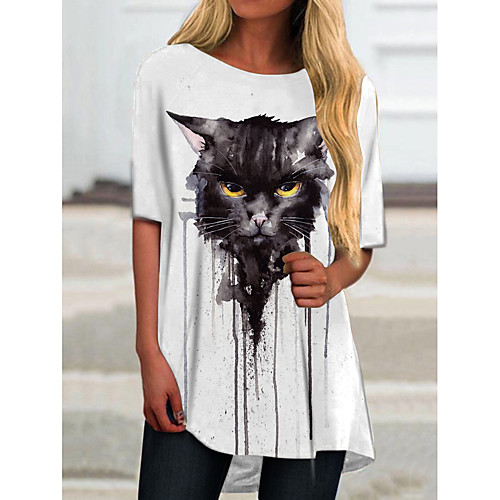 

Women's T Shirt Dress Tee Dress Short Mini Dress Black Half Sleeve Cat Animal Print Spring Summer Round Neck Casual 2021 S M L XL XXL 3XL