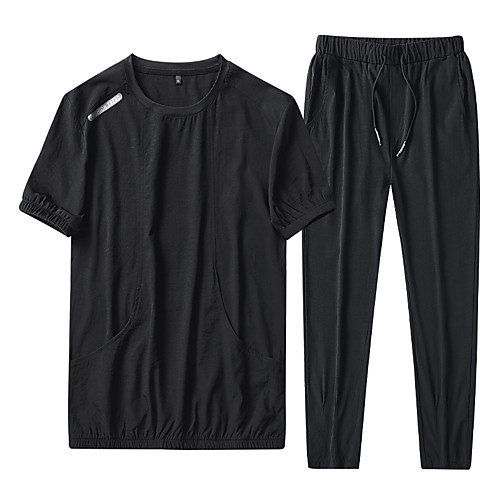 

Men's 2 Piece Tracksuit Jogging Suit Street Casual 2pcs Summer Short Sleeve Breathable Sweat Out Sweat wicking Jogging Sportswear Solid Colored Normal Black Khaki Green Activewear Micro-elastic