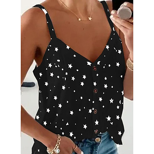 

Women's Camisole Star Print V Neck Tops Sexy Basic Top White Black Red
