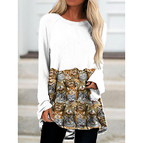 

Women's T Shirt Dress Tee Dress Short Mini Dress White Gray Long Sleeve Cat Animal Print Fall Spring Round Neck Casual 2021 S M L XL XXL 3XL