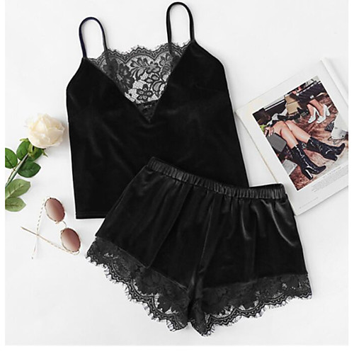 

Women's Daily Velvet Pajamas V Neck Suits Cat Short Pant 2 Piece Spring & Summer Without Lining S Black / Strap