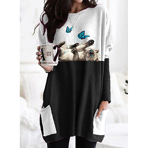 

Women's T shirt Dress Cat Graphic Butterfly Long Sleeve Patchwork Print Round Neck Tops Basic Basic Top Black Gray