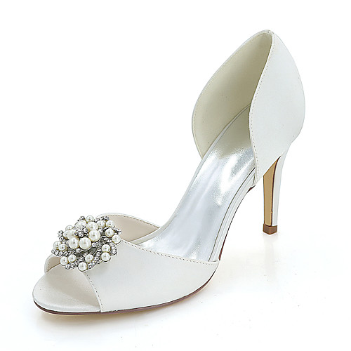

Women's Wedding Shoes Stiletto Heel Peep Toe Wedding Sandals Satin Rhinestone Imitation Pearl Solid Colored White Red Champagne
