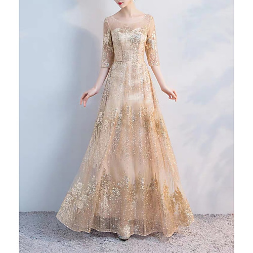 

A-Line Jewel Neck Floor Length Tulle / Sequined Bridesmaid Dress with Sequin