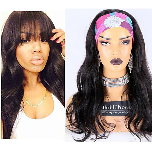 

Remy Human Hair Headband Wig Machine Made Wig Neat Bang style Brazilian Hair Natural Wave Natural Wig Adjustable Women with Clip Women's Human Hair Lace Wig WoWEbony