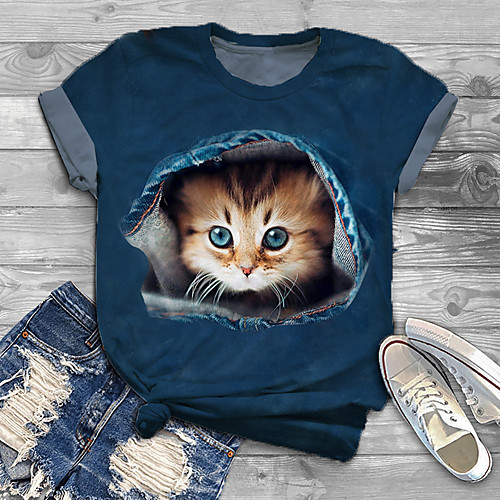 

Women's Plus Size Print Cat Graphic 3D T shirt Large Size Crewneck Short Sleeve Basic Tops XL XXL 3XL White Black Blue Big Size