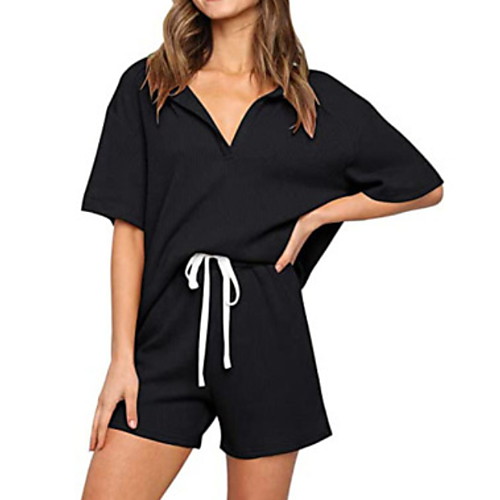 

Women's Home Polyester T shirt Boy Leg Pajamas V Neck Suits Half Sleeve 2 Piece Summer S Black / Drawstring