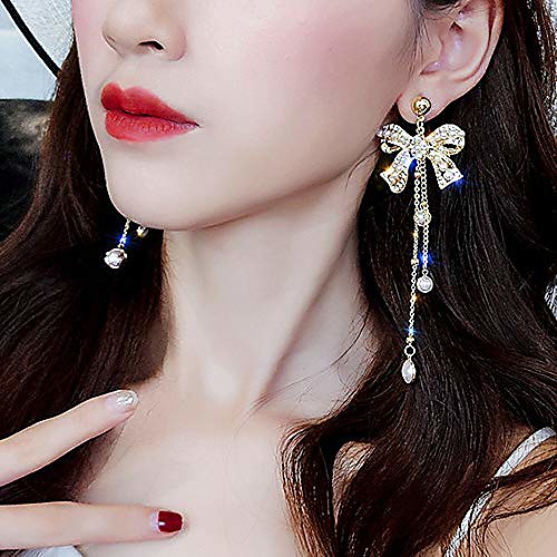 

missgrace bohemian vintage dangle tassel gold bow pearl earrings retro rhinestone earrings boho dangle pearl drop long bar earrings for women girls (style 2)