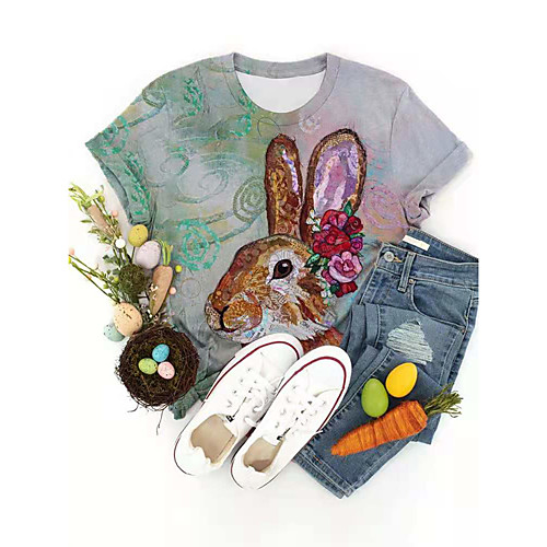 

Women's T shirt Graphic Animal Print Round Neck Tops Basic Basic Top Blue Green Light Green