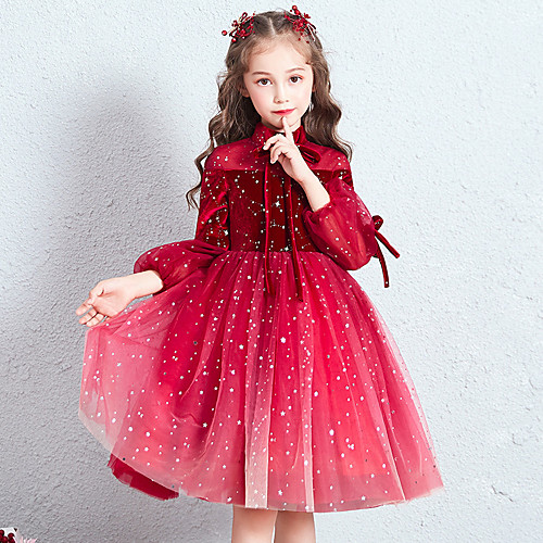 

Princess / Ball Gown Knee Length Wedding / Party Flower Girl Dresses - Chiffon / Velvet Long Sleeve High Neck with Bow(s) / Pleats / Solid