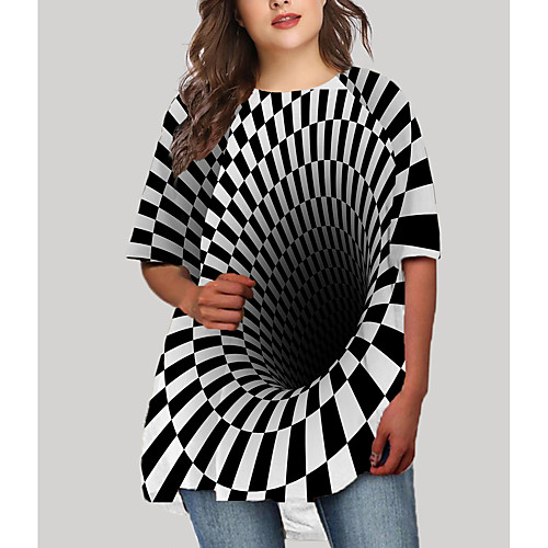 

Women's Plus Size Dresses T Shirt Dress Tee Dress Short Mini Dress Half Sleeve Check Graphic Geometry Print Casual Fall Black XL XXL 3XL 4XL 5XL / Holiday