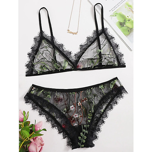 

Women's Mesh Lace Suits Nightwear Embroidered Black S M L / Strap