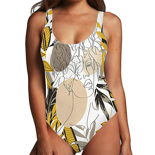 

Women's One Piece Monokini Swimsuit Tummy Control Print Tropical Yellow Swimwear Bodysuit Strap Bathing Suits New Fashion Sexy