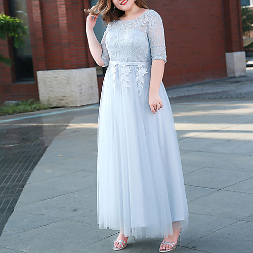 

A-Line Beautiful Back Plus Size Wedding Guest Prom Dress Illusion Neck Half Sleeve Ankle Length Tulle with Lace Insert 2021
