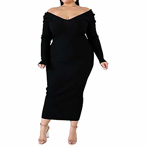 

women's plus size off shoulder long sleeves bodycon sweater dress sexy knit slim cardigans black xl