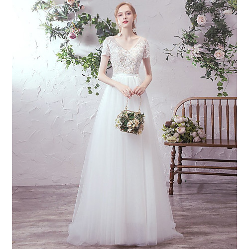 

A-Line Wedding Dresses Jewel Neck Sweep / Brush Train Lace Tulle Short Sleeve Romantic with Appliques 2021