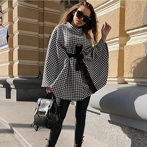 

Women's Houndstooth Fall & Winter Cloak / Capes Regular Going out Long Sleeve Coat Tops White