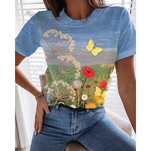 

Women's T shirt Graphic Butterfly Floral Print Round Neck Tops Basic Basic Top Blue