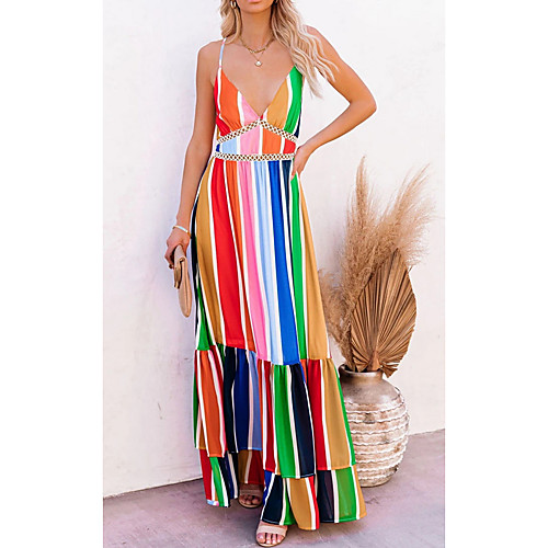 

Women's Swing Dress Maxi long Dress Rainbow Sleeveless Rainbow Ruffle Summer V Neck Casual 2021 S M L XL