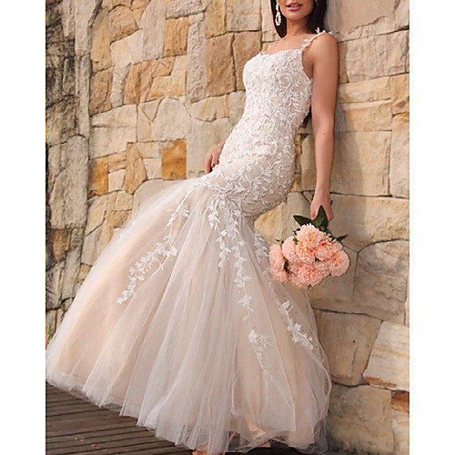 

Mermaid / Trumpet Wedding Dresses Spaghetti Strap Floor Length Lace Tulle Sleeveless Country Formal Romantic with Appliques 2021