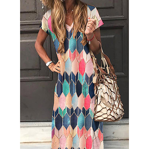 

2021 amazon aliexpress independent station wish hot sale v-neck print color matching short-sleeved loose dress