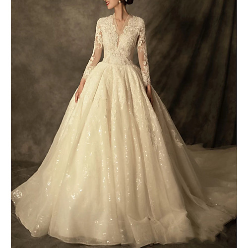 

Princess Ball Gown Wedding Dresses V Neck Chapel Train Lace Tulle Long Sleeve Formal Elegant with Pearls Appliques 2021