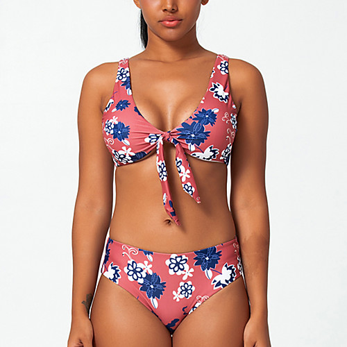 

Women's Bikini Swimsuit Lace up Print Geometric Floral Blushing Pink Swimwear Bandeau Bathing Suits