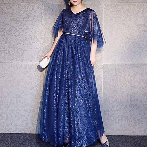 

A-Line Glittering Plus Size Wedding Guest Formal Evening Dress V Neck Half Sleeve Floor Length Tulle with Sash / Ribbon 2021