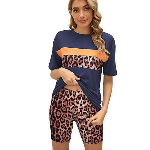 

Women's Basic Streetwear Leopard Daily Two Piece Set Tracksuit T shirt Loungewear Shorts Tops