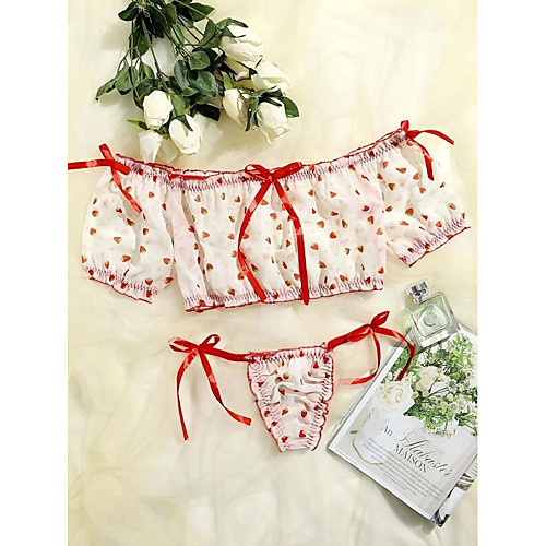 

Women's Mesh Bow Suits Nightwear Fruit Red S M L / Off Shoulder