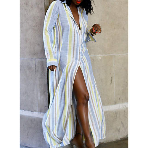 

Women's Shirt Dress Maxi long Dress White Long Sleeve Striped Print Summer Shirt Collar Elegant 2021 M L XL XXL