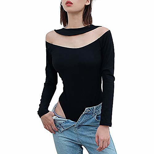 

doinshop bodysuit women off shoulder hollow out long sleeve bodycon stretchy leotard jumpsuits black