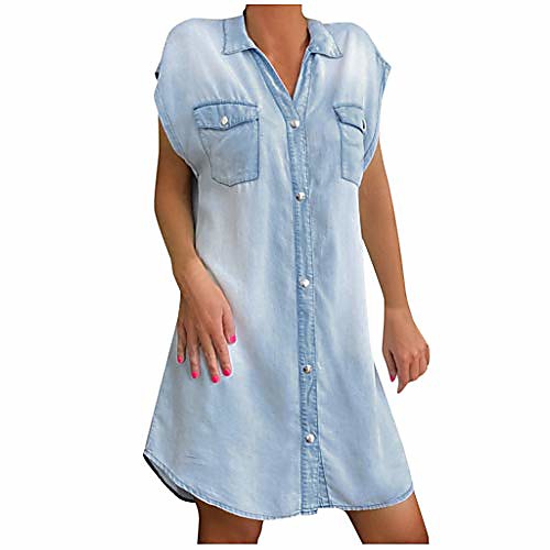 

kinrui clearance!women short sleeve solid denim dress turn down shirt tunic top collar mini dress (s, blue -b)