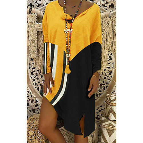 

Women's Shift Dress Maxi long Dress White Blue Red Yellow Orange Gray Long Sleeve Color Block Patchwork Summer V Neck Casual 2021 S M L XL XXL 3XL