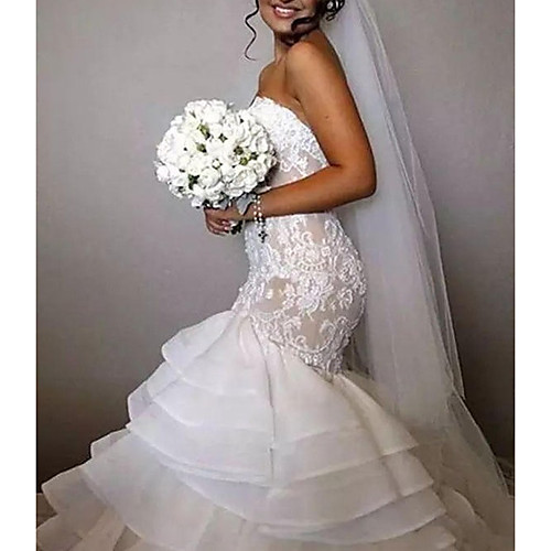 

Mermaid / Trumpet Wedding Dresses Strapless Chapel Train Lace Tulle Sleeveless Sexy Luxurious with Appliques Cascading Ruffles 2021