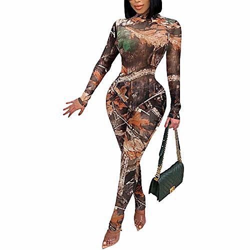 

adogirl women's see through two piece jumpsuits - sexy floral print long sleeve bodysuit sheer mesh bodycon pants sets club outfits brown xl