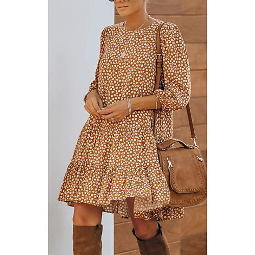 

Women's A Line Dress Knee Length Dress Orange 3/4 Length Sleeve Floral Print Summer Round Neck Casual 2021 S M L XL