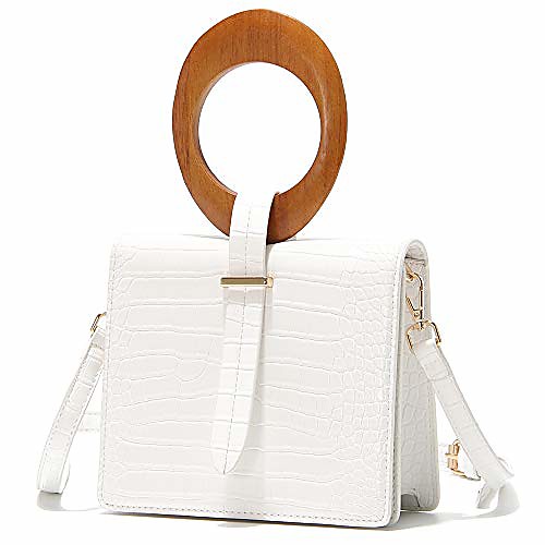 

clutch purses for women small crossbody handbag with oval wooden top-handle (white)