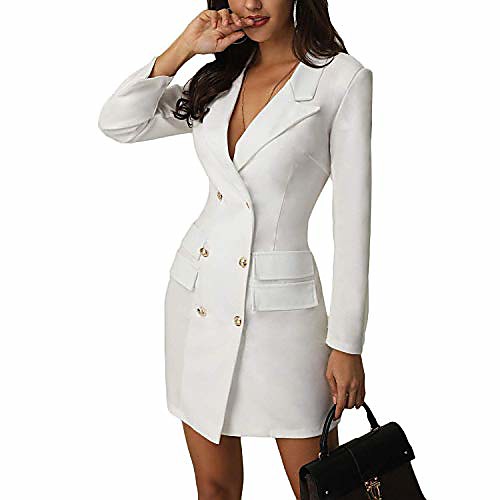 

women's blazers coat v-neck bodycon double breasted long sleeve office ol jacket dress (white, l)