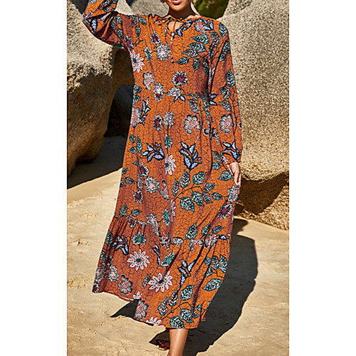 

Women's Shift Dress Maxi long Dress Black Orange Long Sleeve Floral Print Fall Summer Round Neck Elegant Casual 2021 S M L XL