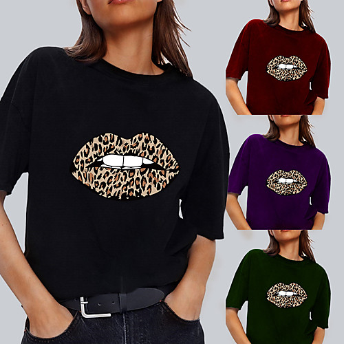 

Women's Tee / T-shirt Pure Color Crew Neck Leopard Sport Athleisure T Shirt Top Short Sleeves Breathable Soft Comfortable Everyday Use Street Casual Daily Outdoor
