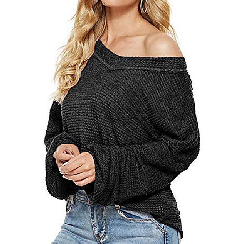

women's casual v neck off shoulder batwing long sleeve waffle knit tops oversized pullover sweater black x-large