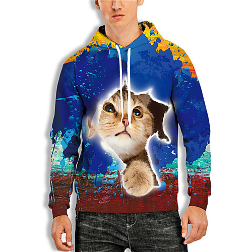 

Men's Pullover Hoodie Sweatshirt Cat Graphic Prints Animal Print Daily Holiday 3D Print Basic Casual Hoodies Sweatshirts Blue