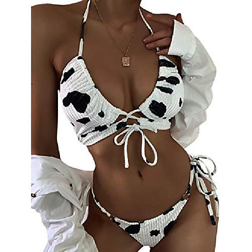 

soly hux women's printed halter triangle tie side bikini set two piece swimsuits white cow l