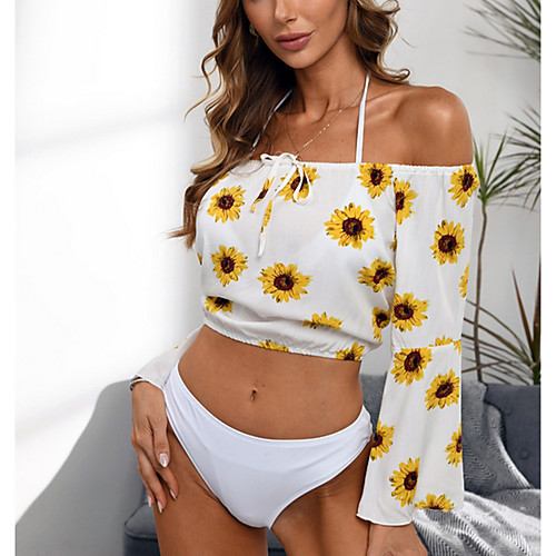 

Women's Tankini Swimsuit Cover Up Swimsuit Mesh Slim Floral Tropical White Swimwear Crop Top Blouse Off Shoulder Bathing Suits Sexy / Rash Guard