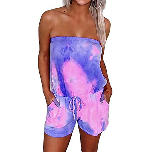 

women shorts tie dyed sexy drawstring off shoulder strapless short jumpsuit romper 2 m