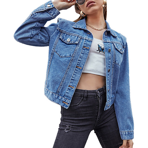 

Women's Solid Colored Basic Spring & Fall Denim Jacket Regular Daily Long Sleeve Cotton Coat Tops Blue