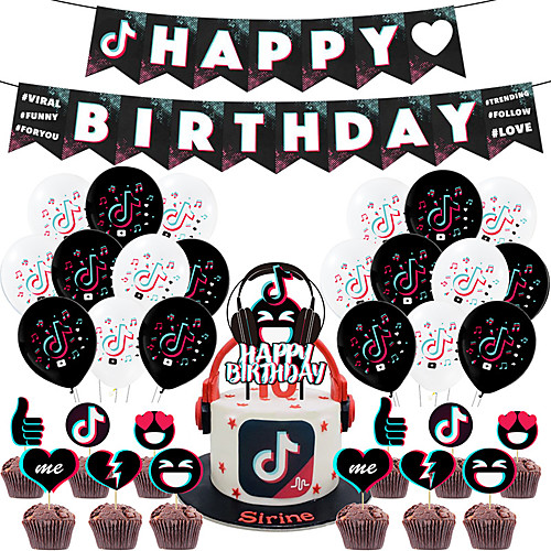 

tik tok birthday party decorations,tik tok party supplies - tik tok happy birthday cake topper and tik tok birthday banner for girl's music karaoke themed party supplies