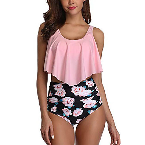 

feetmat swimsuits for women ruffled flounce crop top with print high waisted bottom two piece bikini sets pink/rose
