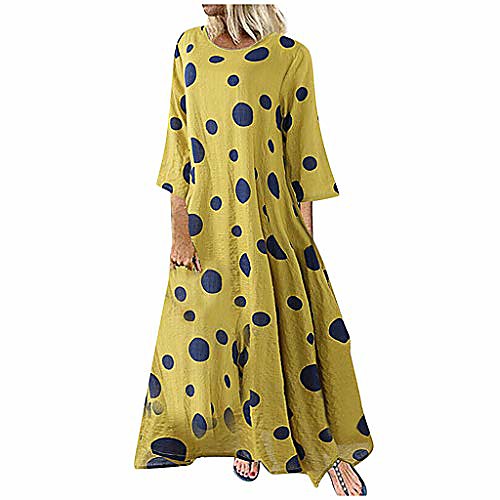 

Women Long Sleeve Loose Maxi Dress Plus Size Casual O-Neck Dots Swing Dress Yellow